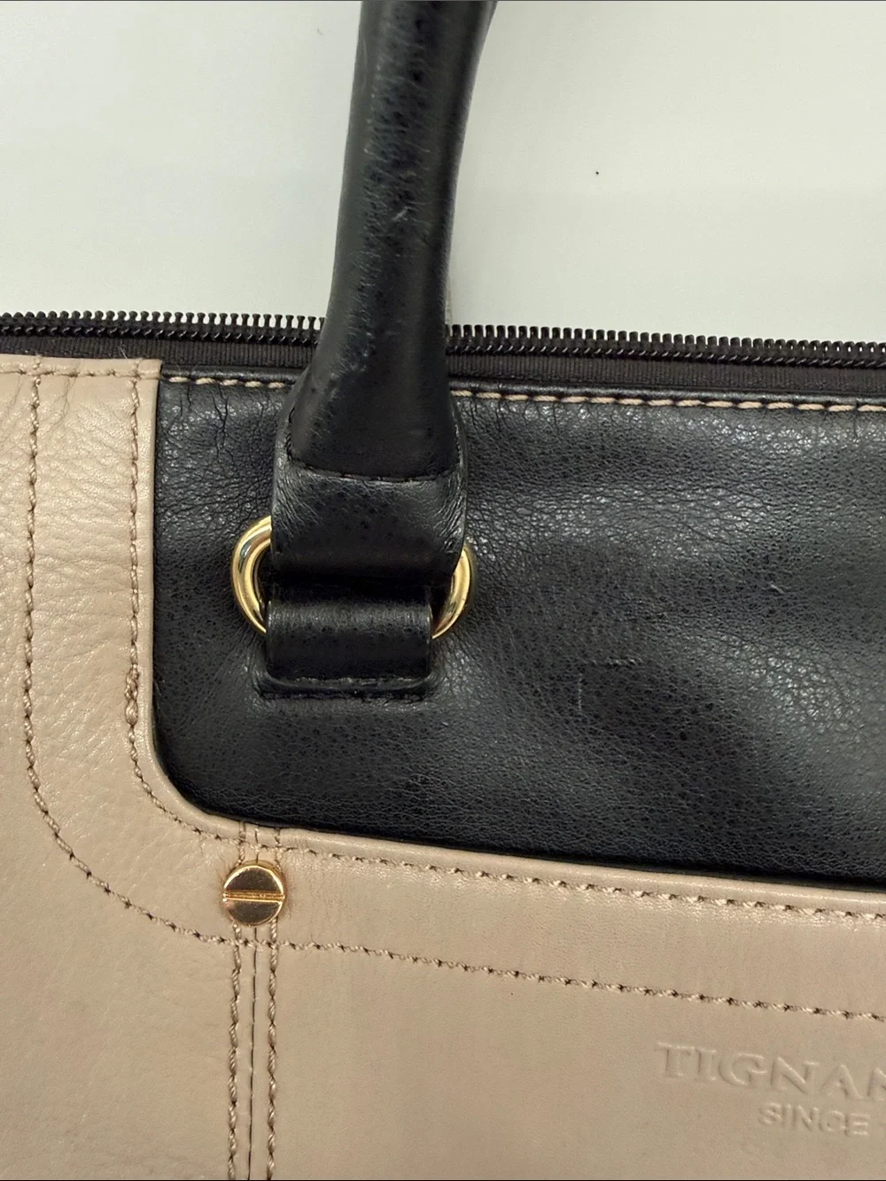 Tignanello Two-Tone Black & Taupe Leather Satchel removable crossbody strap